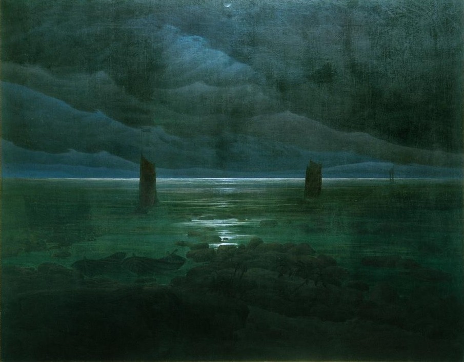 Caspar David Friedrich, Mond hinter Wolken über dem Meeresufer (Meeresküste bei Mondschein) (Deutsche Kunst,Himmel (Natur),Küste,Kunst,Landschaft,Mond,Schiff,Segelschiff,Strand,Wolke,Tageszeiten,Nacht,Meer,Romantik,Mondschein,Schifffahrt)