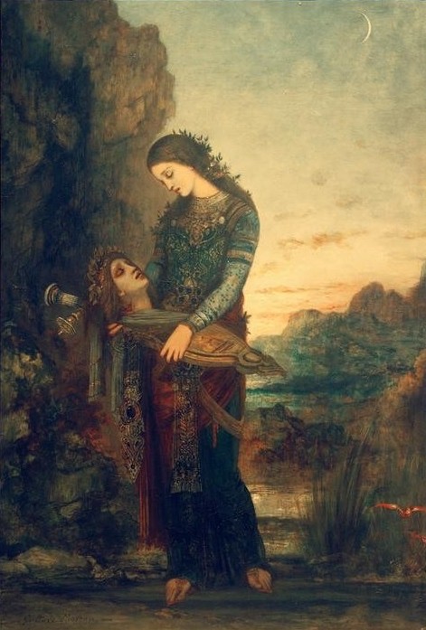 Gustave Moreau, Junge Thrakerin mit dem Haupt des Orpheus (Enthaupten,Frau,Landschaft,Mädchen,Mond,Musik,Mythologie,Tageszeiten,Abend,Schönheit,Leier,Instrument,Symbolismus,Französische Kunst,Barfuss,Dämmerung,Mondsichel,Kopf,Junge Frau,Griechisch-Römische Mythologie,Thraker)