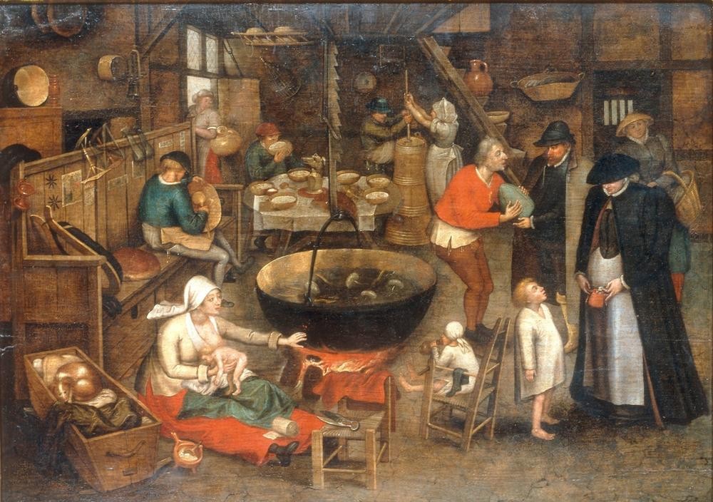 Pieter Brueghel der Jüngere, Besuch beim Mündel (Arm Und Reich,Bauer (Landwirt),Bauernhaus,Besuch,Essen Und Trinken,Familie,Feuerstelle,Feuer,Gesellschaftliches Leben,Gesellschaft,Küche,Möbel,Mutter Und Kind,Bank (Sitzgelegenheit),Stände,Tafelsitten,Volkskunde,Wohltätigkeit,Wohnung,Kleinkind,Unordnung,W)