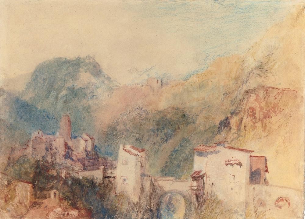 JOSEPH MALLORD WILLIAM TURNER, A Castle in the Val d’Aosta (Burg (Bauwerk),Dorf,Gebirge,Kunst,Landschaft,Vedute,Tal,Englische Kunst,Romantik)