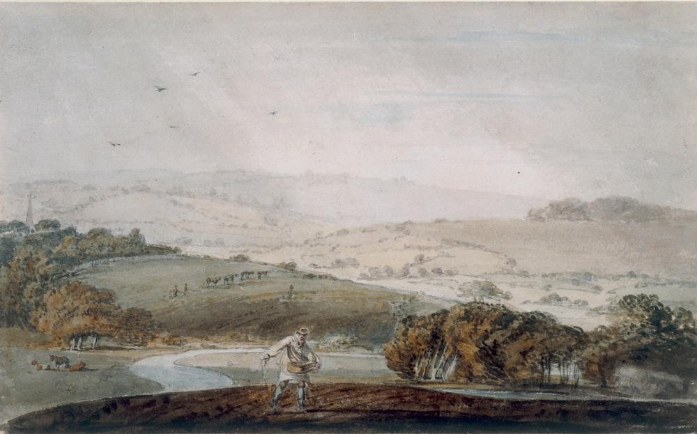 JOSEPH MALLORD WILLIAM TURNER, A Farmer Sowing, a River Valley and Rolling Hills Beyond (Ackerbau,Bauer (Landwirt),Ernte,Kunst,Landschaft,Fluss,Tal,Englische Kunst,Getreidefeld,Säen,Landwirtschaft)