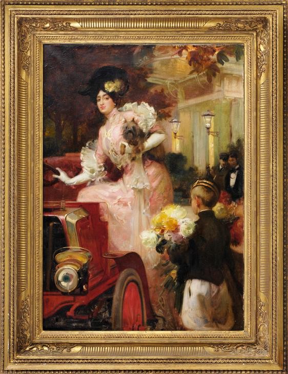 Hubert Denis Etcheverry, Elégante montant en voiture (Oldtimer, Auto, Frau, Eleganz, Dame, Abendgarderobe, Diva, Hündchen, Bourgeoisie, Personal, Gesellschaft, Wunschgröße, Klassiker, Wohnzimmer)