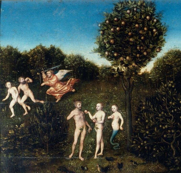 Lucas Cranach der Ältere, Das Paradies (Deutsche Kunst,Religion,Renaissance,Altes Testament,Vertreibung Aus Dem Paradies,Sündenfall,Bibel,Paradies,Simultanbild,Baum Der Erkenntnis,Jüdisch-Christlich,Ausschnitt)