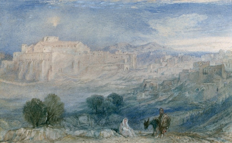 JOSEPH MALLORD WILLIAM TURNER, Bethlehem – The Flight into Egypt (Christentum,Kunst,Landschaft,Religion,Heilige Familie,Neues Testament,Bibel,Stadtansicht,Architekturdarstellung,Ruhe Auf Der Flucht,Flucht Nach Ägypten,Englische Kunst,Romantik,Kindheit Jesu,Orte Der Bibel)