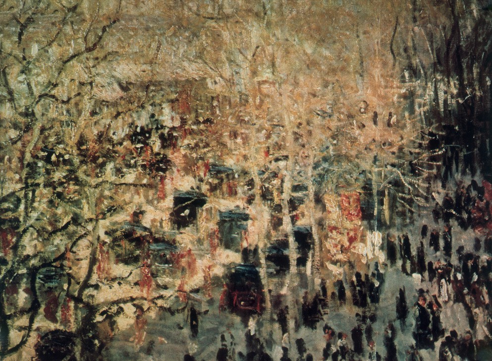Claude Monet, Boulevard des Capucines in Paris (Strasse (Allgemein),Strassenszene,Szene,Verkehr,Impressionismus,Grossstadt,Architekturdarstellung,Französische Kunst,Fussgänger,Boulevard,Ausschnitt)