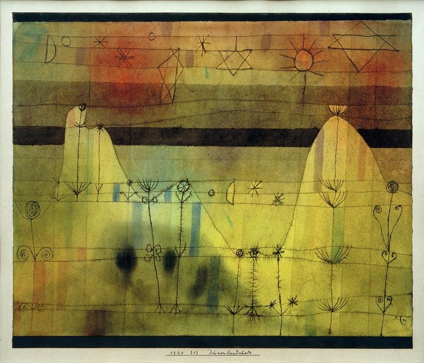 Paul Klee, Dünenlandschaft (Bauhaus,Botanik,Deutsche Kunst,Himmel (Natur),Kunst,Landschaft,Mond,Sonne,Stern,Düne,Schweizerische Kunst,Abstraktion,Berg,Pflanze)