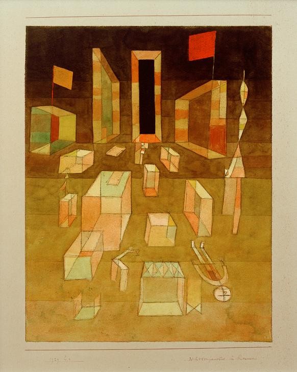 Paul Klee, Nichtkomponiertes im Raum (Bauhaus,Deutsche Kunst,Frau,Geometrie,Kunst,Mann,Mensch,Geometrisch,Perspektive,Architekturdarstellung,Schweizerische Kunst,Zentralperspektive,Liegen,Abstraktion,Kubus,Raum,Fahne)