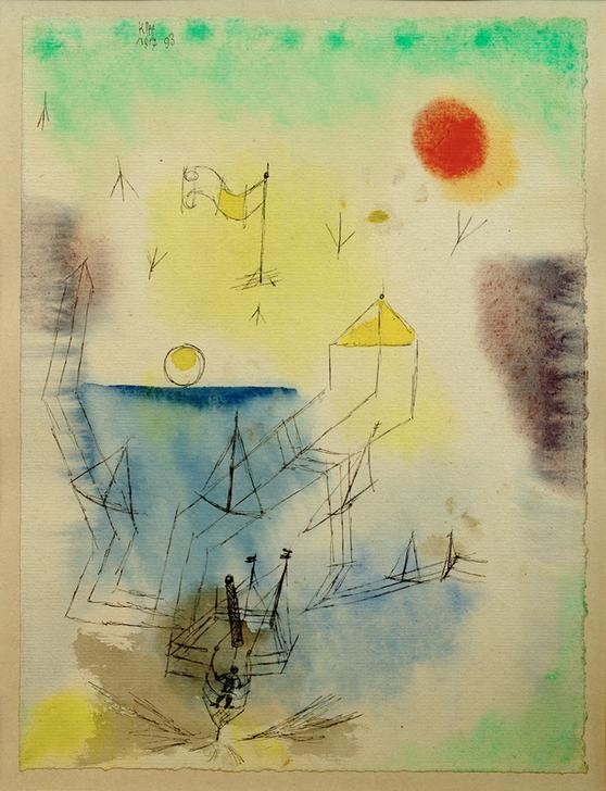 Paul Klee, (Der Neuland Seefahrer tritt die Reise an) (Boot,Deutsche Kunst,Seefahrer,Geometrie,Küste,Kunst,Landschaft,Mond,Schiff,Sonne,Meer,Segelboot,Reise,Der Blaue Reiter,Schweizerische Kunst,Horizont,Abfahrt,Abstraktion,Fahne,Schifffahrt)