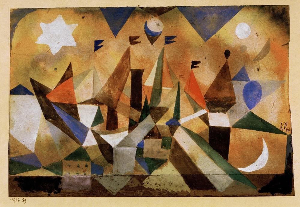 Paul Klee, Segelschiffe, den Sturm abwartend (Deutsche Kunst,Kunst,Meteorologie,Mond,Schiffstypen,Segelschiff,Stern,Segelboot,Marinemalerei,Wimpel,Schweizerische Kunst,Abstraktion,Sturm,Schifffahrt)