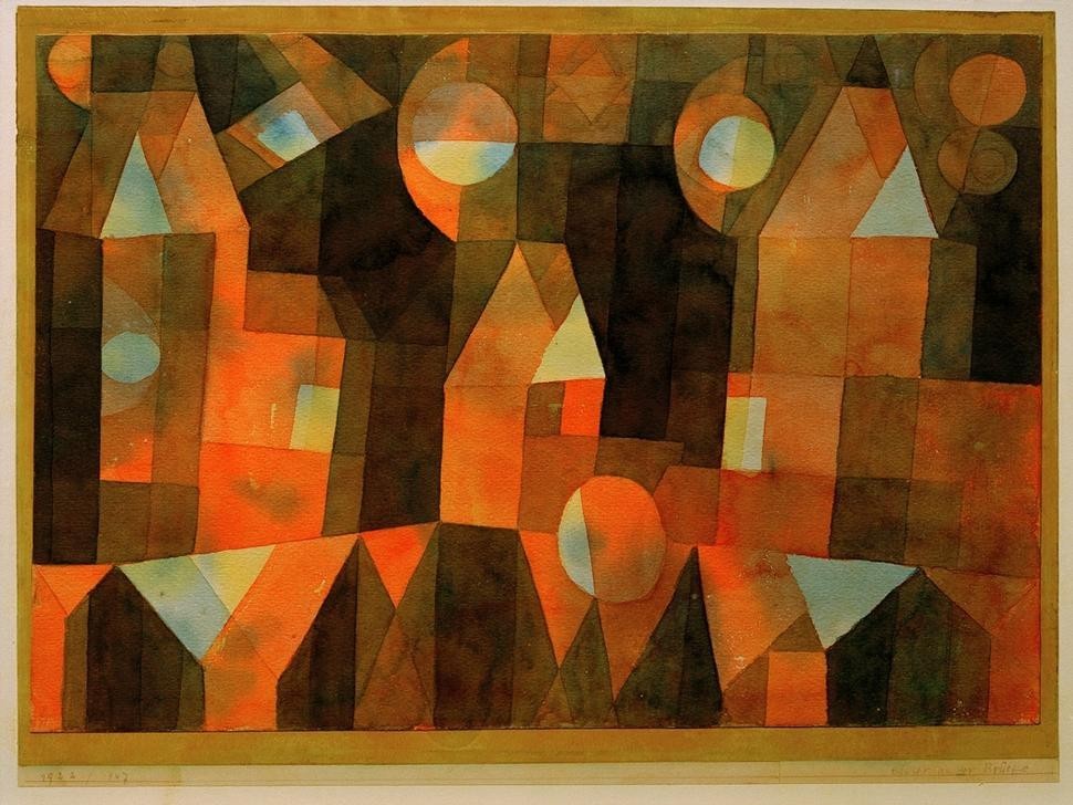 Paul Klee, Häuser an der Brücke (Bauhaus,Brücke,Deutsche Kunst,Dorf,Haus,Kirche,Kunst,Architekturdarstellung,Schweizerische Kunst,Abstraktion)