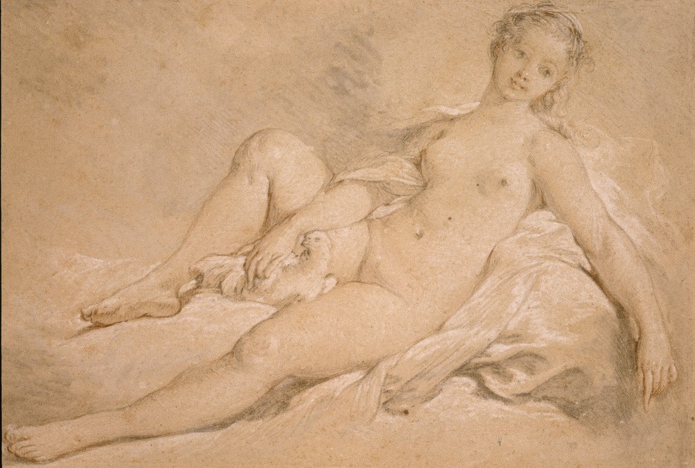 Francois Boucher, Mädchenakt mit Taube (Frau,Kunst,Taube,Vogel,Akt,Rokoko,Französische Kunst,Erotische Kunst,Sexualsymbol,Frau Und Tier,Tier,Junge Frau,Liegen)