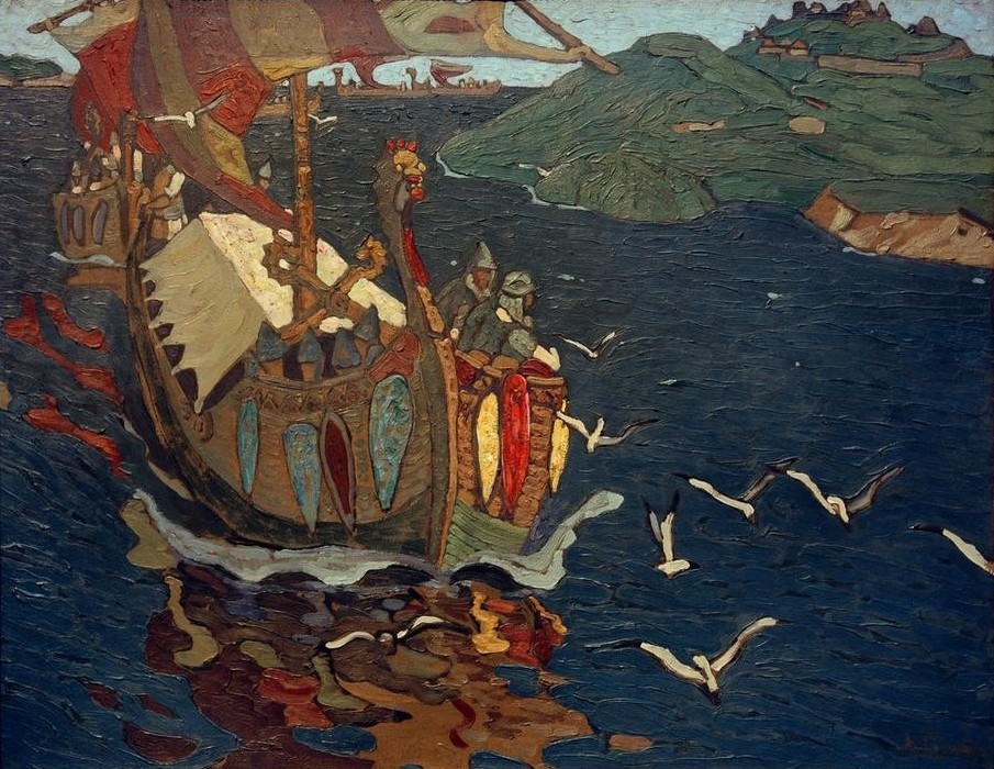 Nikolai Konstantinowitsch Roerich, Fremde Kaufleute (Geschichte,Handel,Küste,Kunst,Landschaft,Vogel,Wikinger,Meer,Möwe,Russische Kunst,Historienmalerei,Seehandel,Händler,Jahrhundertwende,Waräger)