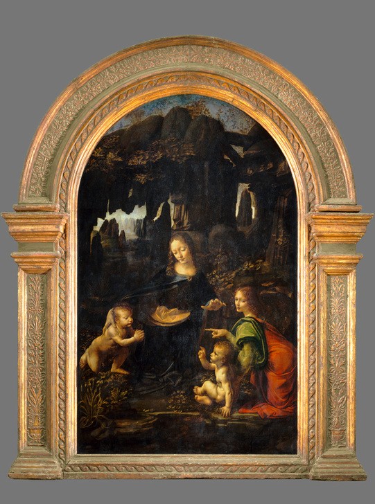 Leonardo da Vinci, Felsengrottenmadonna (Christentum, Engel, Kind, Landschaft, Religion, Renaissance, Segen, Maria, Neues Testament, Bibel, Gestik, Felsengrottenmadonna, Italienische Kunst, Felsen, Jesusknabe, Wohnzimmer, Wunschgröße, Klassiker)