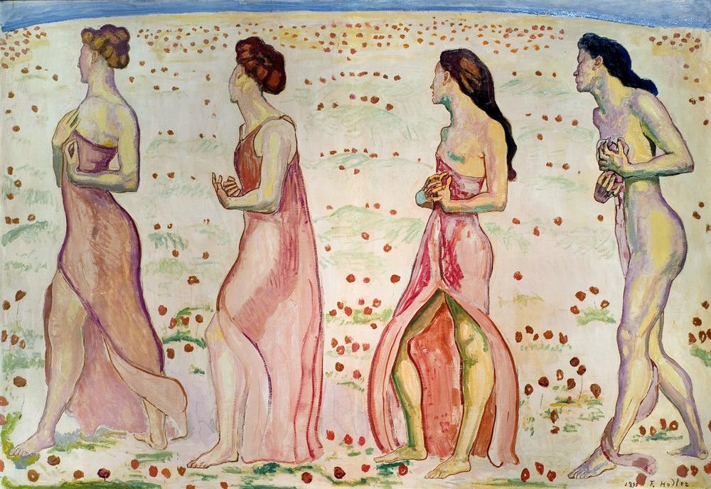 Ferdinand Hodler, Die Empfindung (Frau,Gruppenbild,Jugendstil,Kunst,Symbolismus,Schweizerische Kunst,Gehen,Eurythmie,Gefühl (Stimmung),Gänsemarsch,Schreiten)