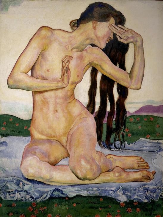 Ferdinand Hodler, Der Tag (Erwachen,Frau,Jugendstil,Kunst,Tageszeiten,Morgen,Symbolismus,Akt,Allegorie,Gestik,Tag,Schweizerische Kunst,Jahrhundertwende,Privatsammlung,Magerkeit,Hände Vor Dem Gesicht,Personifizierung)