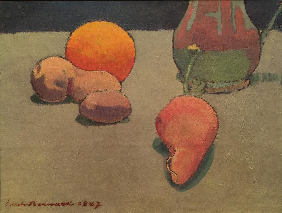 Emile Bernard, Stillleben mit Orange (Stillleben, Krug, Orange, Rübe, Kartoffel, Malerei, Cloisonismus, Klassische Moderne,  Esszimmer, Küche, Wunschgröße, bunt)