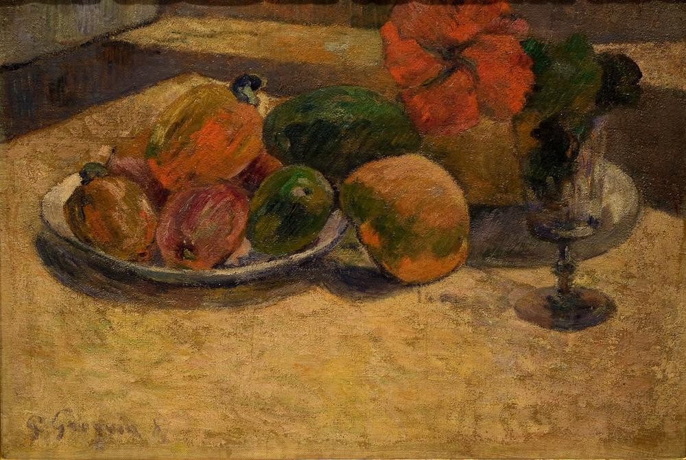 Paul Gauguin, Stillleben mit Mango und Hibiskus (Kunst,Obst,Nahrungsmittel,Französische Kunst,Obstschale,Weinglas,Mango,Hibiskus)