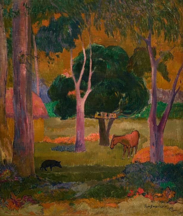 Paul Gauguin, Landschaft mit Schwein und Pferd (Kunst,Landschaft,Schwein,Französische Kunst,Haustier,Tierhaltung,Tier)