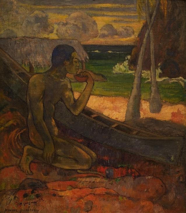 Paul Gauguin, Der arme Fischer (Fischer,Fischerei,Kunst,Mann,Völkerkunde,Fischerboot,Französische Kunst,Nacktheit,Einbaum,Bevölkerung,Knien,Land Und Leute)