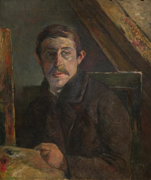 Paul Gauguin, Selbstbildnis (Künstlerleben,Künstler,Kunst,Maler (Künstler),Mann,Staffelei,Selbstbildnis,Künstler Bei Der Arbeit,Portrait,Palette,Französische Kunst,Pinsel,Halbfigur)