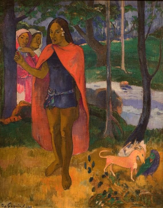 Paul Gauguin, Der Zauberer von Hiva Oa oder Mann von den Marquesas-Inseln mit rotem Umhang (Kunst,Mann,Religion,Völkerkunde,Portrait,Französische Kunst,Medizinmann,Exotik,Bevölkerung,Ureinwohner,Ganzfigurig,Land Und Leute,Zauberer,Umhang)