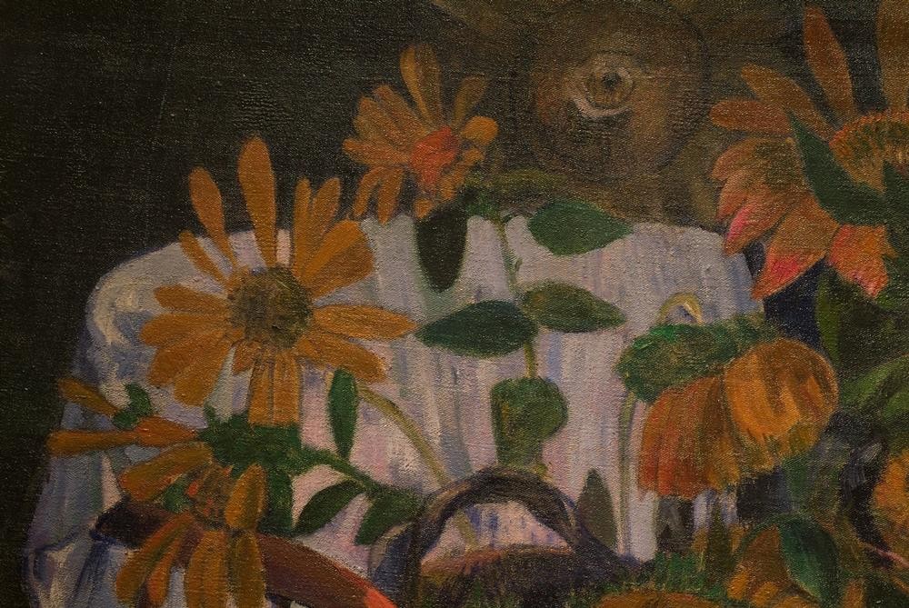 Paul Gauguin, Sonnenblumen auf einem Armstuhl (Botanik,Kunst,Sitzmöbel,Sonnenblume,Stillleben,Blumenstrauss,Französische Kunst,Sessel,Stuhl,Blume,Jahrhundertwende,Synthetismus,Ausschnitt,Armlehnstuhl)