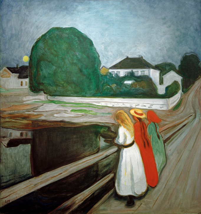 Edvard Munch, Mädchen auf dem Pier (Brücke,Frau,Freundschaft (Allgemein),Kind,Kunst,Landschaft,Mädchen,Freizeit,Spaziergang,Expressionismus,Strohhut,Reise,Langeweile,Norwegische Kunst,Jugendliche,Frauenleben,Nichtstun,Jahrhundertwende,Junge Frau,Skandinavische Kunst,Pier)