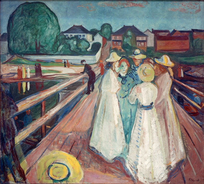 Edvard Munch, Mädchen auf dem Pier (Damenhut,Mädchen,Freizeit,Spaziergang,Hut,Expressionismus,Strohhut,Reise,Norwegische Kunst,Sonnenhut,Jugendliche,Junge Frau,Pier,Unterhaltung (Gespräch))