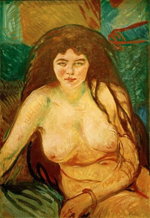 Edvard Munch, Das Biest (Erotik,Frau,Kunst,Mensch,Akt,Femme Fatale,Portrait,Expressionismus,Norwegische Kunst,Langes Haar,Sitzen,Jahrhundertwende,Skandinavische Kunst,Blick Aus Dem Bild,Halbfigur,Blick (Allgemein),Signatur)