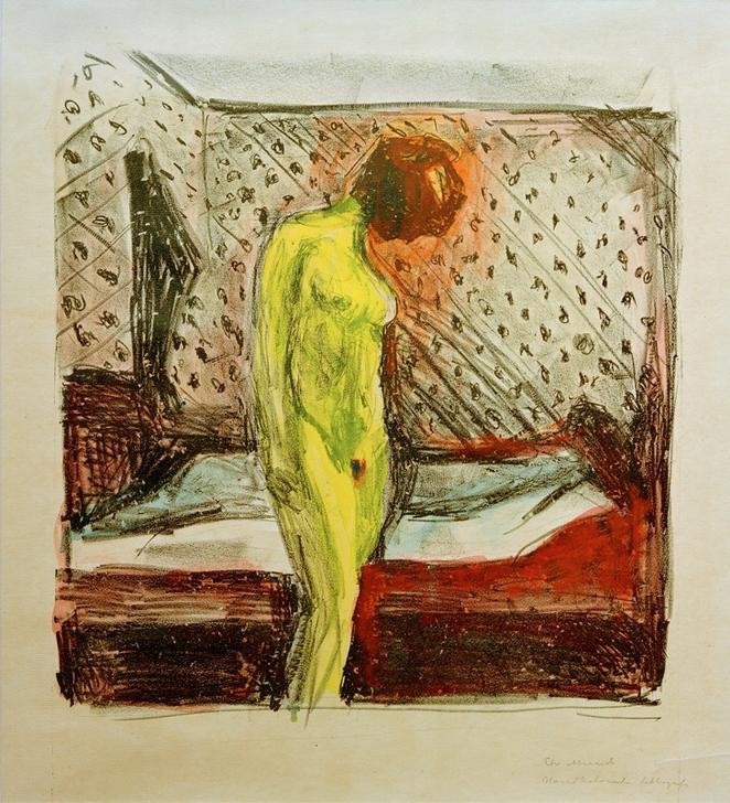 Edvard Munch, Weinende junge Frau am Bett (Bett,Frau,Schlafzimmer,Akt,Expressionismus,Weinen,Interieur,Norwegische Kunst,Traurigkeit,Junge Frau,Gefühl (Stimmung),Negative Stimmungen Und Gefühle)