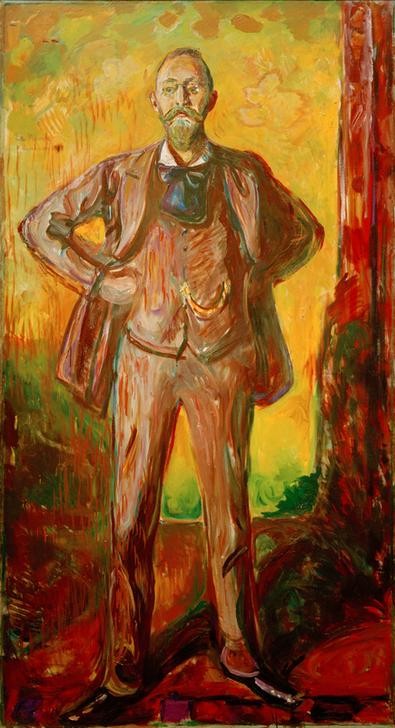 Edvard Munch, Professor Daniel Jacobson (Arzt,Herrenmode,Mann,Mensch,Psychiater,Neurologe,Psychiatrie,Portrait,Anzug,Expressionismus,Norwegische Kunst,Uhrenkette,Selbstbewusstsein,Ganzfigurig,Hände In Die Hüfte Stemmen)