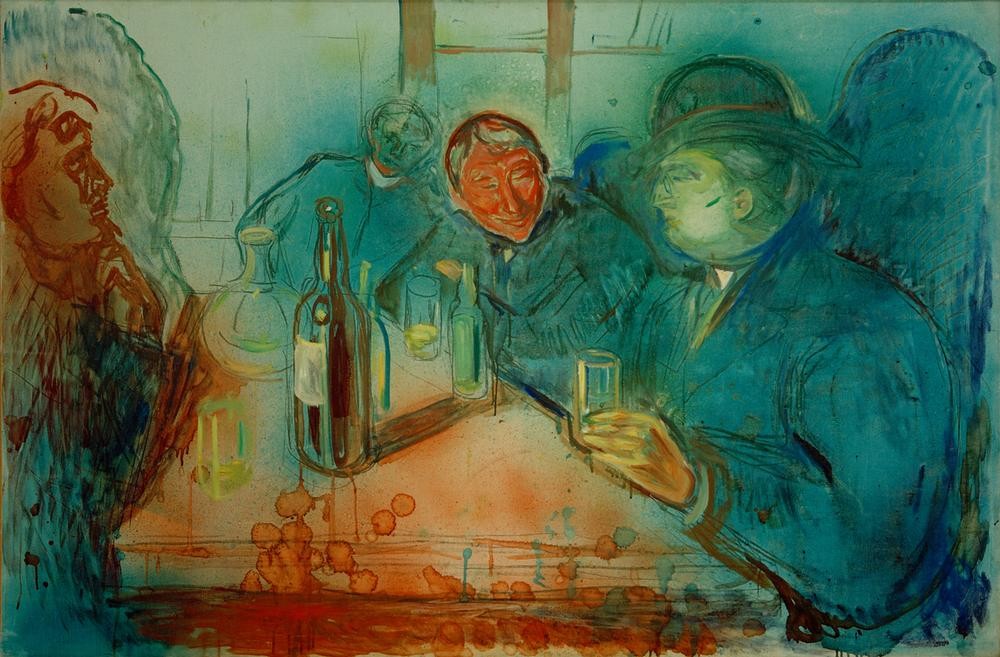 Edvard Munch, Das erste Glas (Alkohol,Gesellschaft,Szene,Hut,Expressionismus,Norwegische Kunst,Geselliges Beisammensein,Melone (Hut),Männerleben,Unterhaltung (Gespräch))