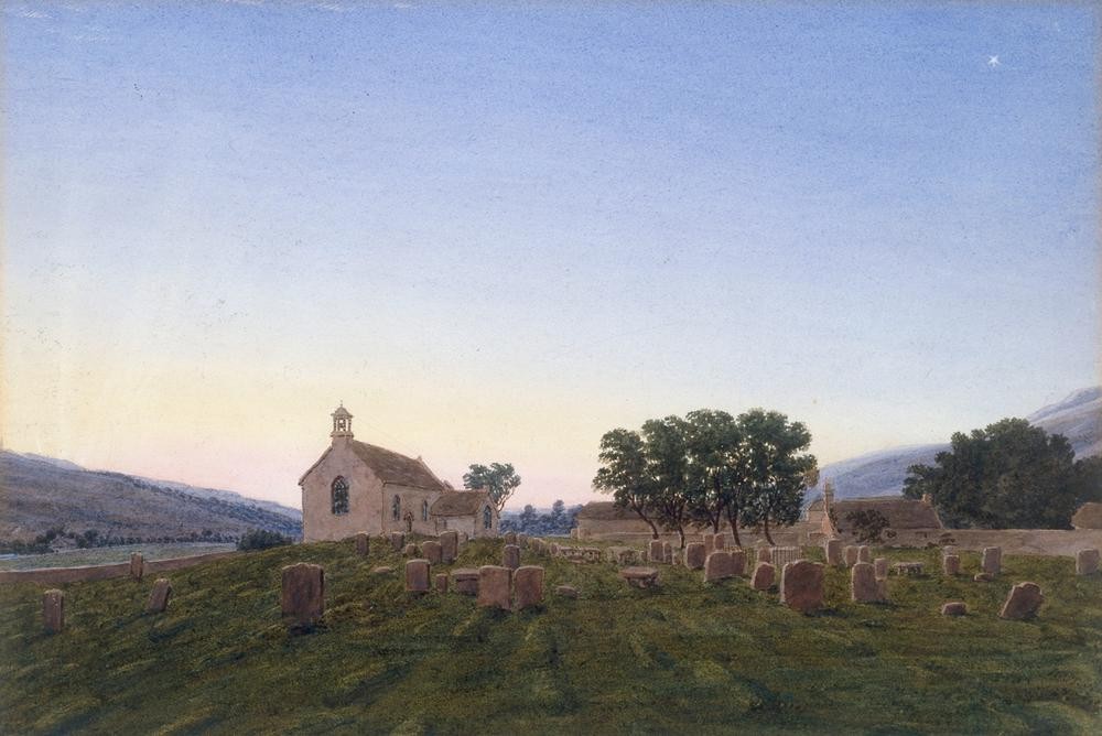 William Turner of Oxford, The Dawn, Kirknewton Church, Northumberland (Landschaftsmalerei, Friedhof, Kirche, Tageszeiten, Abend, England, Romantik, Aquarell, Wunschgröße, Wohnzimmer)