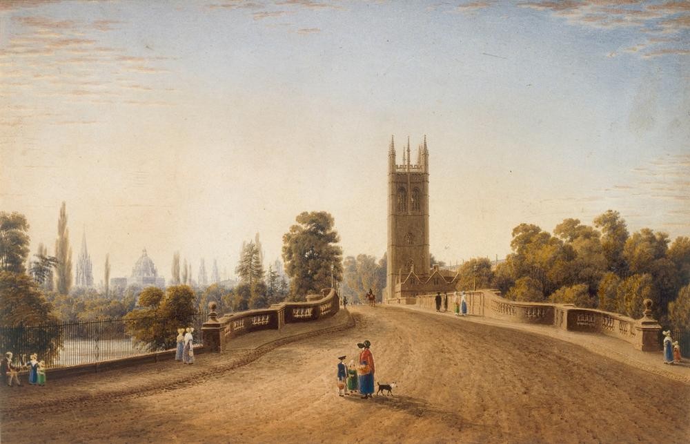 William Turner of Oxford, Magdalen Bridge, Oxford (Landschaftsmalerei, Bäume, Architektur, Spaziergänger, Turm, Brücke, England, Romantik, Aquarell, Wunschgröße, Wohnzimmer)
