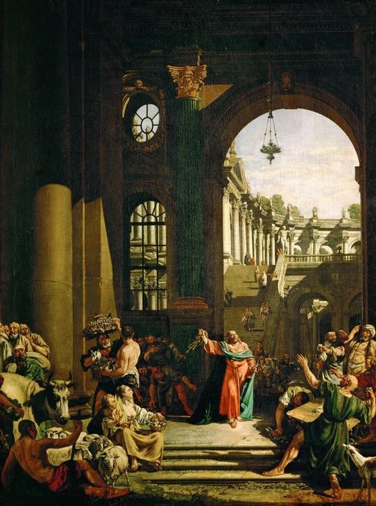 Bernardo Bellotto, Jesus drives the money-changers and merchants from the Temple (Jesus Christus, Christentum,  Geldwechsler, Handel, Religion, Tempel, Rokoko, Neues Testament, Bibel, Austreibung Der Wechsler, Passion Christi, Malerei, Wohnzimmer, Wunschgröße, Klassiker, bunt)