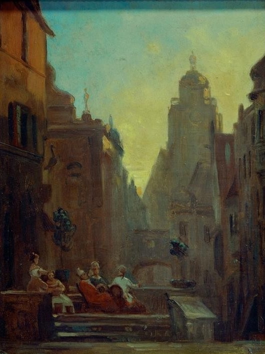 Carl Spitzweg, Plauderstündchen von der Storchenapotheke (Altstadt,Apotheke,Apotheker,Deutsche Kunst,Gesellschaft,Kunst,Sonnenuntergang,Terrasse,Feierabend,Tageszeiten,Abend,Kleinstadt,Architekturdarstellung,Idylle,Heile Welt,Im Freien (Allgemein),Gute Alte Zeit,Stadtleben,Unterhaltung (Gespräch))