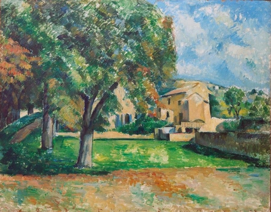 Paul Cézanne, Kastanienbäume und Farm in Jas de Bouffan (Bauernhaus,Kunst,Landschaft,Impressionismus,Baum,Französische Kunst,Kastanienbaum)