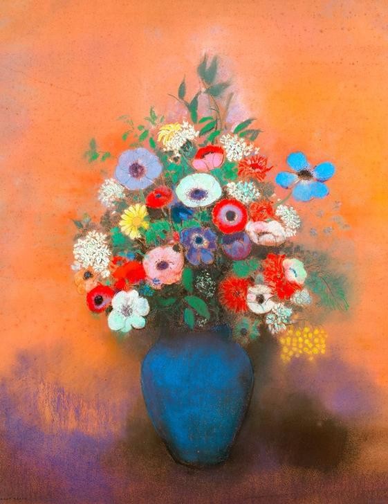 Odilon Redon, Anemones and lilacs in a blue vase (Anemone,Symbolismus,Stillleben,Flieder,Blumenstrauss,Vase,Gefäss,Blume,Blumentopf)