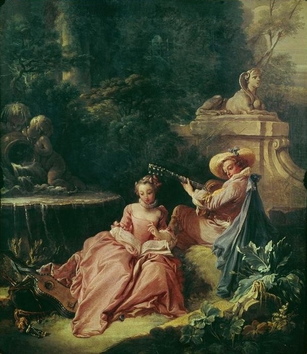 Francois Boucher, The music lesson (Gitarre,Musik,Park,Sphinx,Wasser,Rokoko,Quelle,Paar,Partitur,Kleidung (Allgemein),Tier)