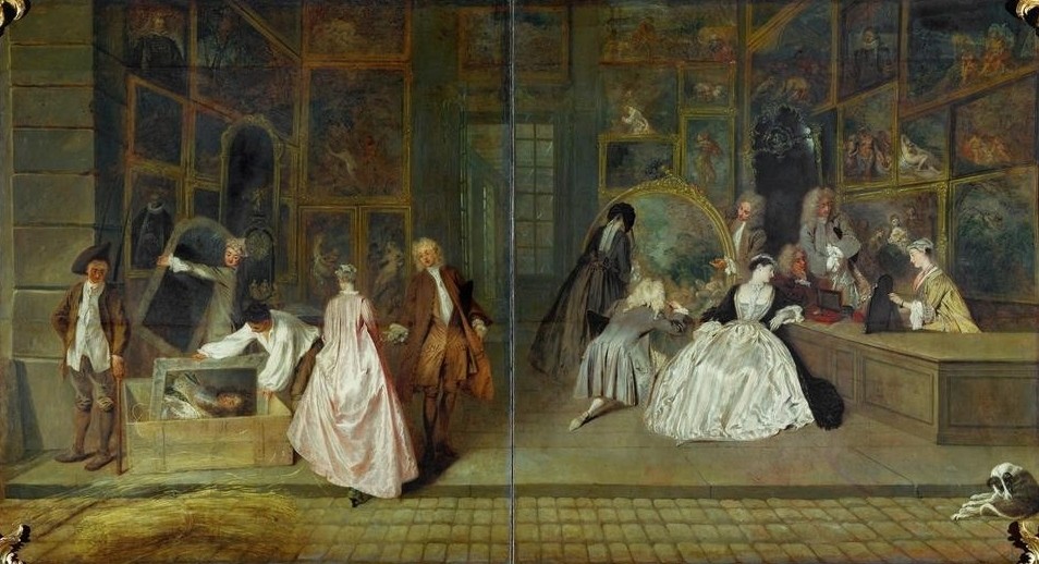 Jean-Antoine Watteau, Ladenschild des Kunsthändlers Gersaint (Damenmode,Dienstboten,Gesellschaftliches Leben,Geschichte,Handel,Herrenmode,König,Kunsthändler,Kunsthandel,Rokoko,Bild Im Bild,Bild Und Betrachter,Galerie,Französische Kunst,Holzkiste,Frauenleben,Betrachten,Berühmte Kunstwerke,Kiste,Ladenschild,Kunstliebh)