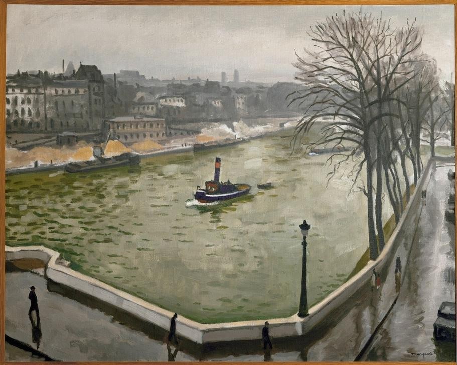 Albert Marquet, La Seine à Paris (Kunst,Schiff,Wasser,Winter,Schnee,Fluss,Vedute,Stadtansicht,Französische Kunst,Ansicht,Uferstrasse,Quai)