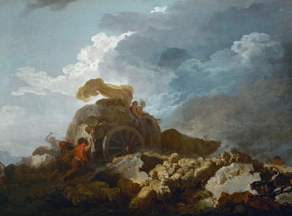 Jean-Honoré Fragonard, L’orage, dit aussi La charette embourbee (Gewitter, Unwetter, Karre, Kutsche, Ochse, Fuhrwerk, Schafherde, Treppenhaus, Wohnzimmer, Rokoko, Klassiker, Wunschgröße, Malerei, bunt)