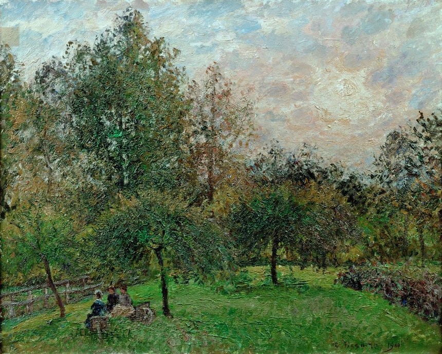 Camille Pissarro, Pommiers et peupliers au soleil couchant (Landschaft,Mädchen,Abend,Impressionismus,Baum,Apfelbaum,Dämmerung,Pappel)