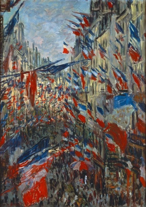 Claude Monet, La rue Saint-Denis, à Paris. Fête du 30 juin 1878 (Feste,Geschichte,Impressionismus,Nationalfeiertag,Französische Kunst,Standarte,Strassenfest,Trikolore,Beflaggung,Feiertag,Sonnenschein,Fahnenschmuck,Fahne,Banner,Feier)