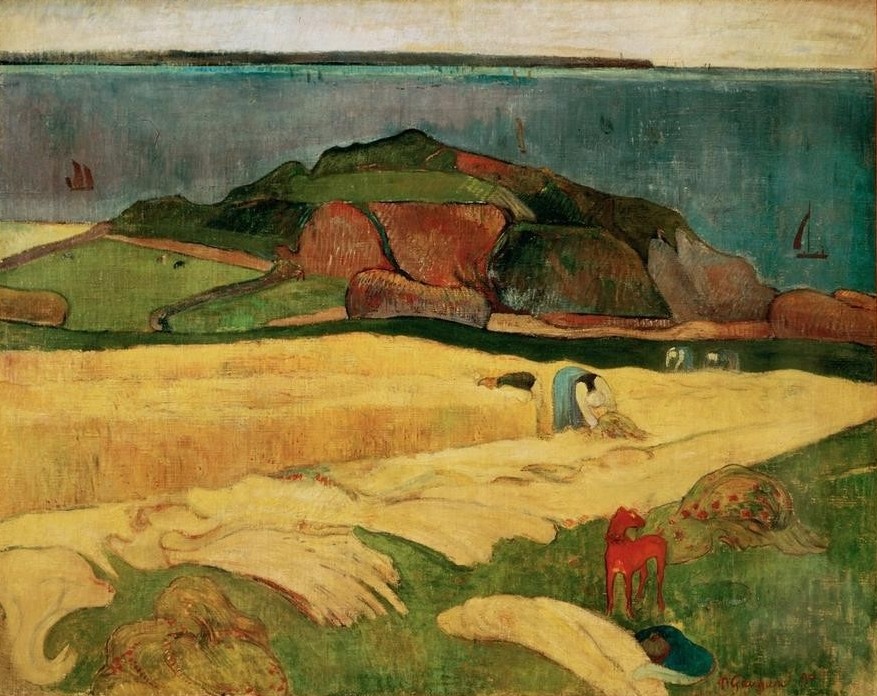 Paul Gauguin, Die Ernte am Meer: Le Pouldu (Ernte,Küste,Landschaft,Strand,Weizen,Meer,Impressionismus,Getreide,Französische Kunst,Dreschen,Landleben,Getreidefeld,Berg,Feldarbeit,Landwirtschaft)