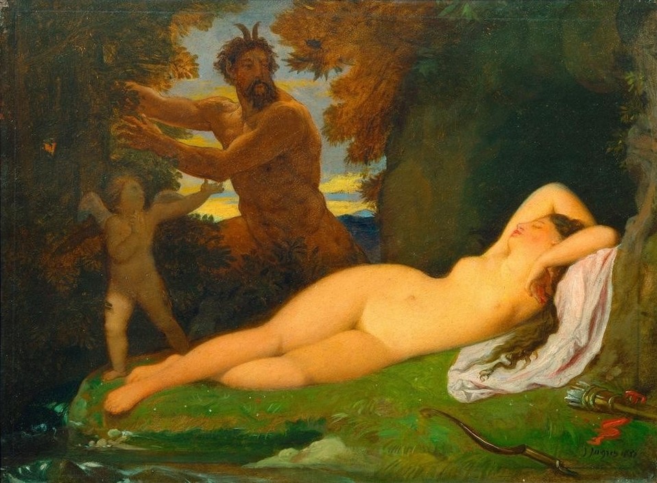 JEAN-AUGUSTE-DOMINIQUE INGRES, Jupiter und Antiope (Amazone,Frau,Mythologie,Klassizismus,Akt,Faun,Götterliebschaften,Französische Kunst,Erotische Kunst,Gott,Schlafen (Schlaf),Griechisch-Römische Mythologie)