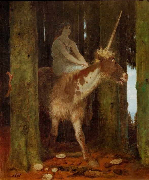 Arnold Böcklin, Das Schweigen des Waldes (Mythologie, Wald, Fabelwesen, Einhorn, Reiterin, mysthisch,  Symbolismus, Wunschgröße, Klassiker, Wohnzimmer, bunt)