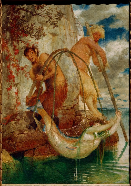 Arnold Böcklin, Zwei fischende Pane (Fischer, Fabelwesen, Faune, Netz, Fischfang, Mythologie, Meerjungfrau, Nixe, Fang,  Symbolismus, Wunschgröße, Klassiker, Wohnzimmer, bunt)