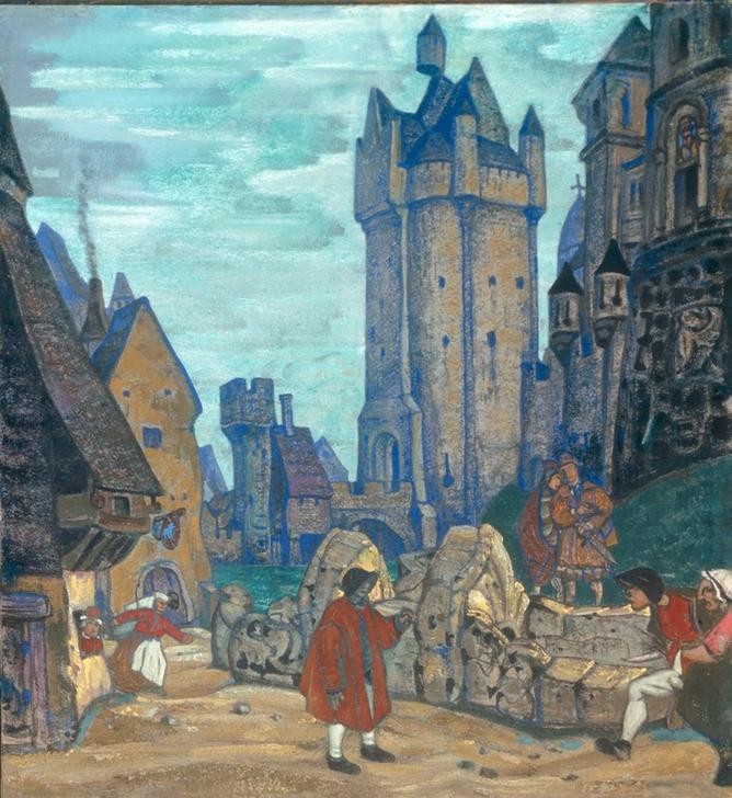 Nikolai Konstantinowitsch Roerich, Devant le château (Kunst,Literatur,Märchen,Schloss,Szene,Turm,Architekturdarstellung,Illustration)