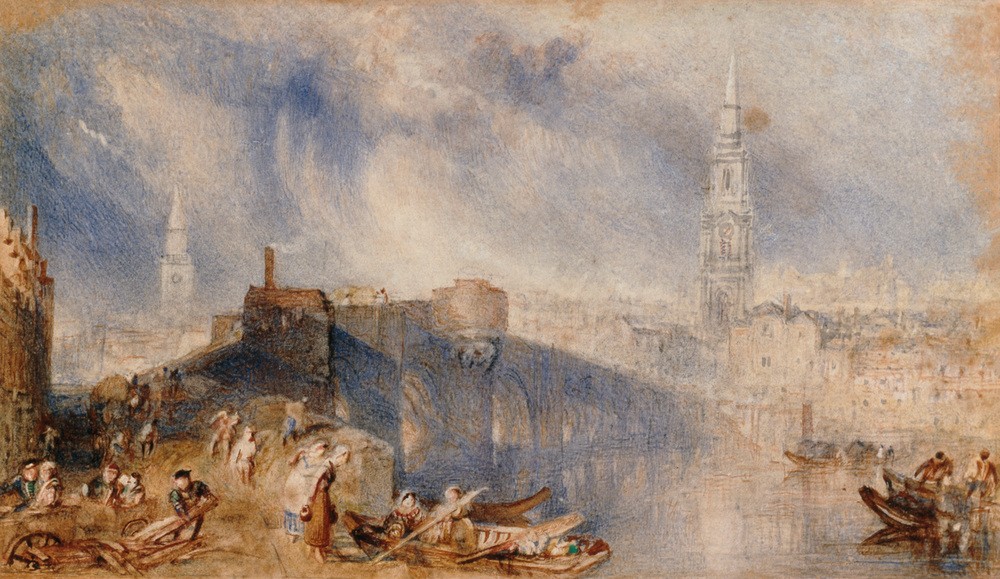 JOSEPH MALLORD WILLIAM TURNER, Inverness, from across the River Ness (Brücke,Kunst,Vedute,Stadtansicht,Architekturdarstellung,Englische Kunst,Kirchturm,Romantik)